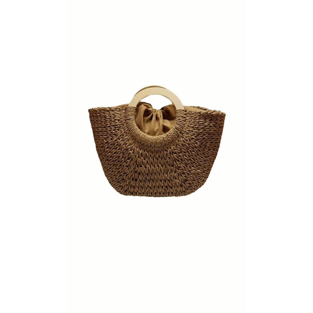 Wicker Woven Straw Handbag  Beach Bag Wood Handles - Picture 2 of 8